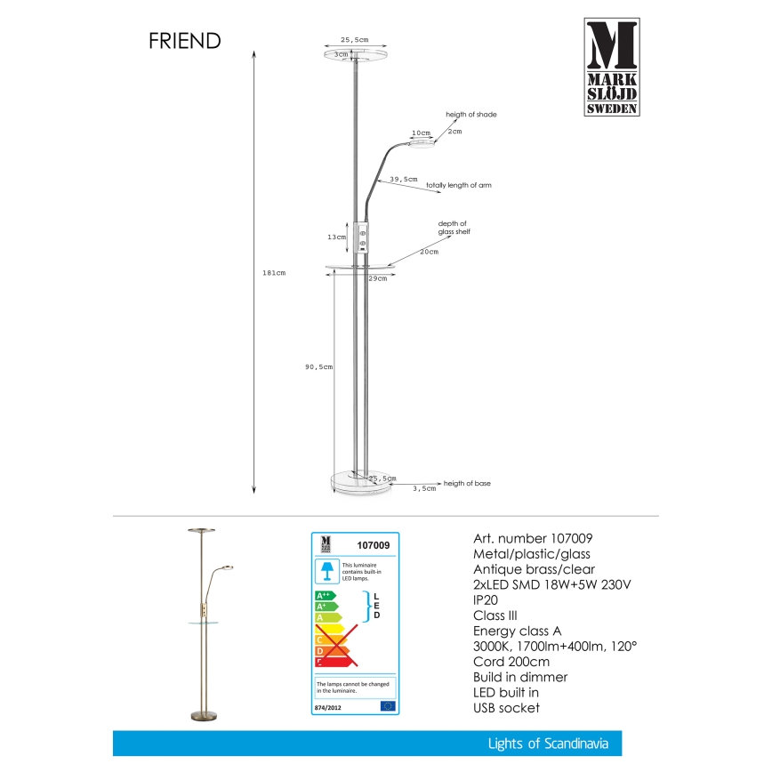 Markslöjd 107009 - Lampadaire dimmable LED FRIEND LED/18W/230V + LED/5W