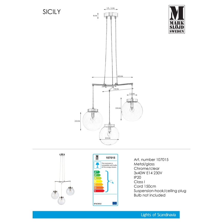 Markslöjd 107015 - Hanglamp aan koord SICILY 3xE14/40W/230V