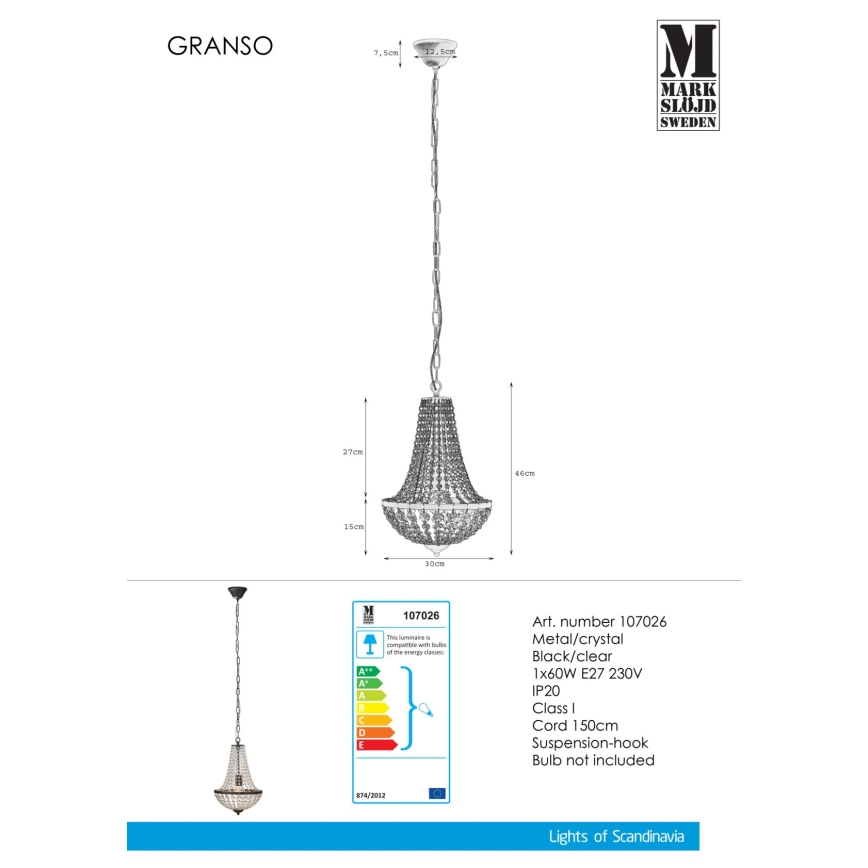 Markslöjd 107026 - Lustre en cristal sur chaîne GRÄNSÖ 1xE27/60W/230V