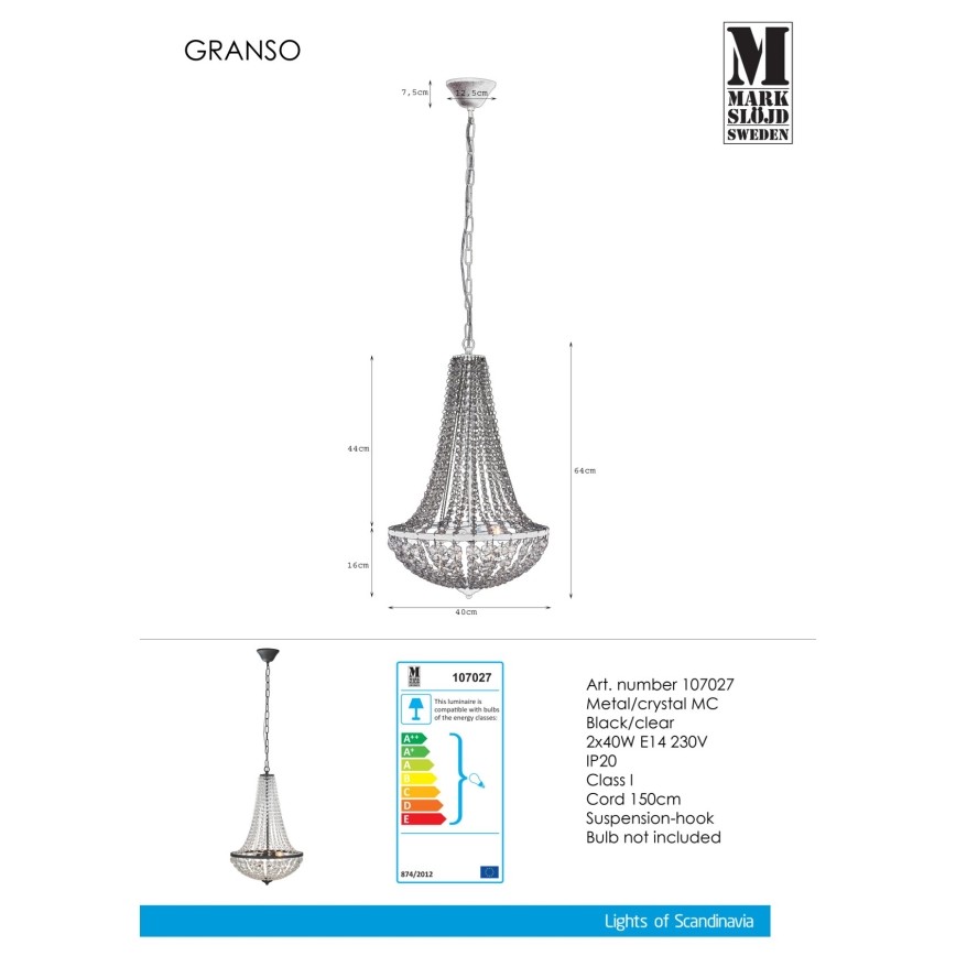 Markslöjd 107027 - Lustre en cristal sur chaîne GRÄNSÖ 2xE14/40W/230V