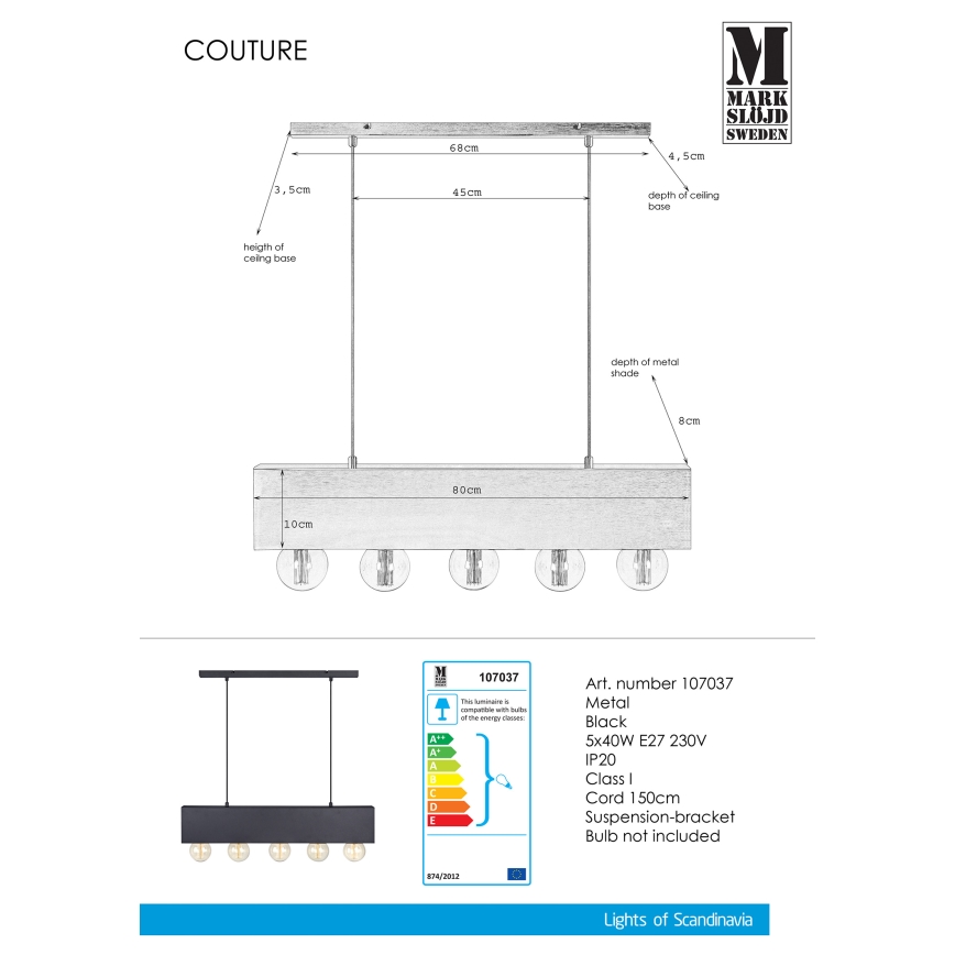 Markslöjd 107037 - Hanglamp aan koord COUTURE 5xE27/40W/230V zwart