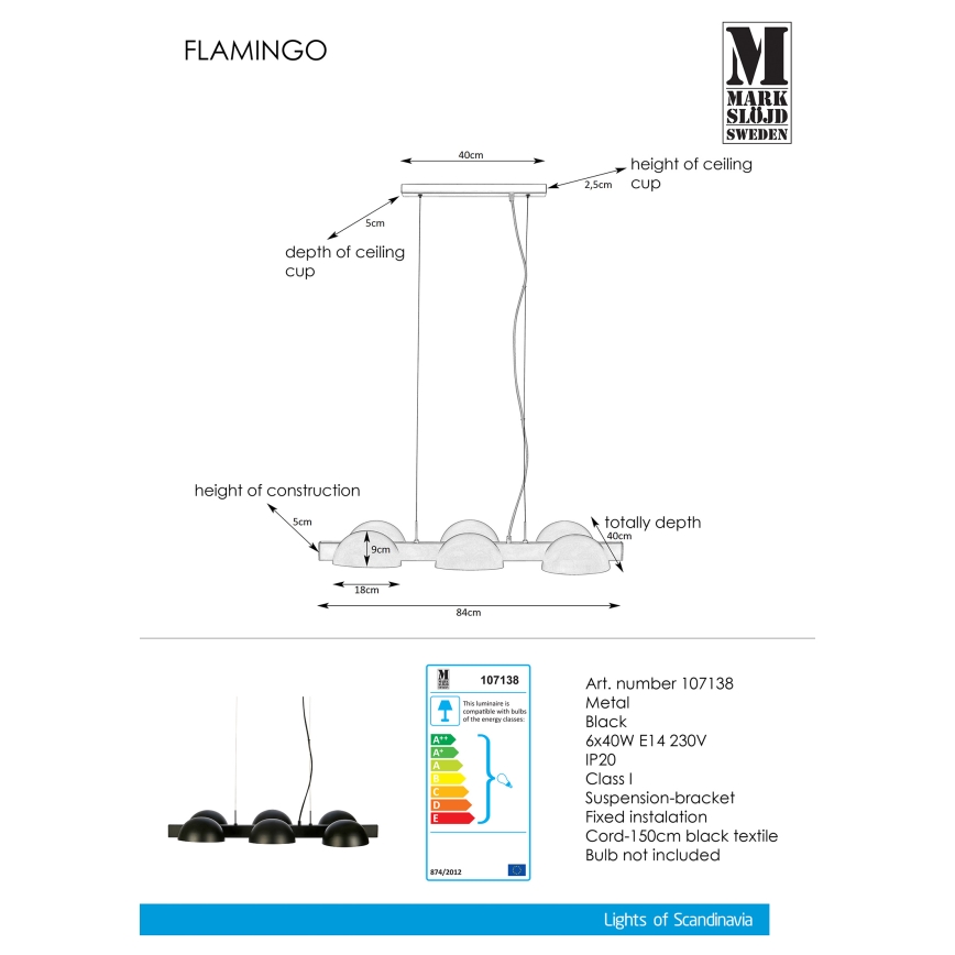 Markslöjd 107138 - Suspension avec fil FLAMINGO 6xE14/40W/230V noir