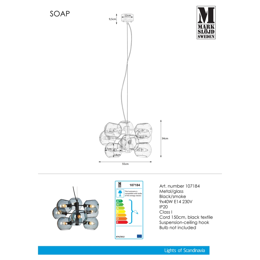 Markslöjd 107184 - Hanglamp aan koord SOAP 9xE14/40W/230V