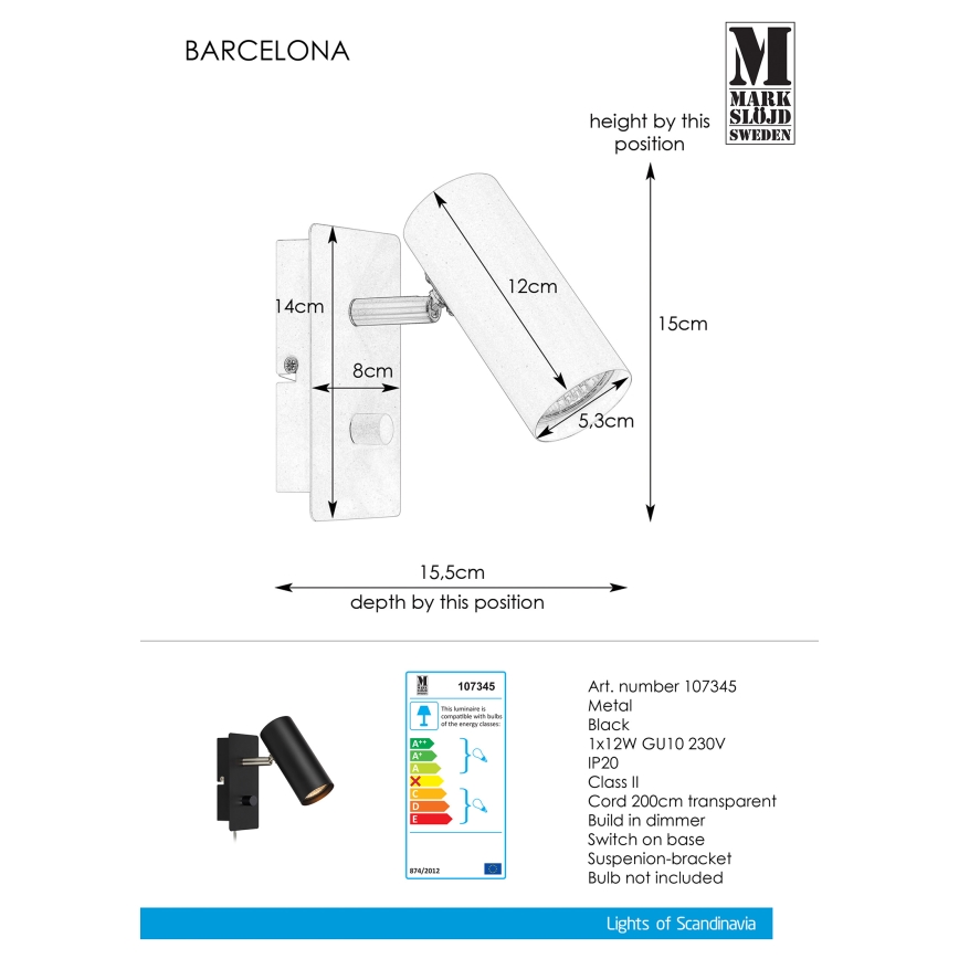 Markslöjd 107345 - Dimbare wandspot BARCELONA 1xGU10/12W/230V