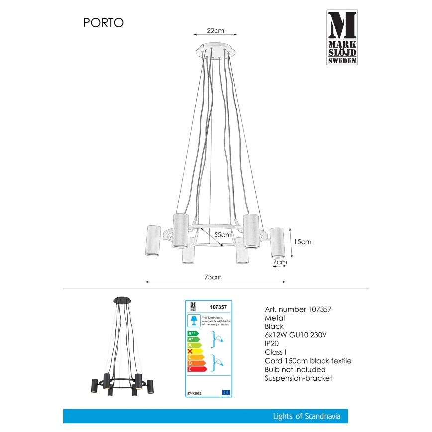 Markslöjd 107357 - Hanglamp aan koord PORTO 6xGU10/12W/230V