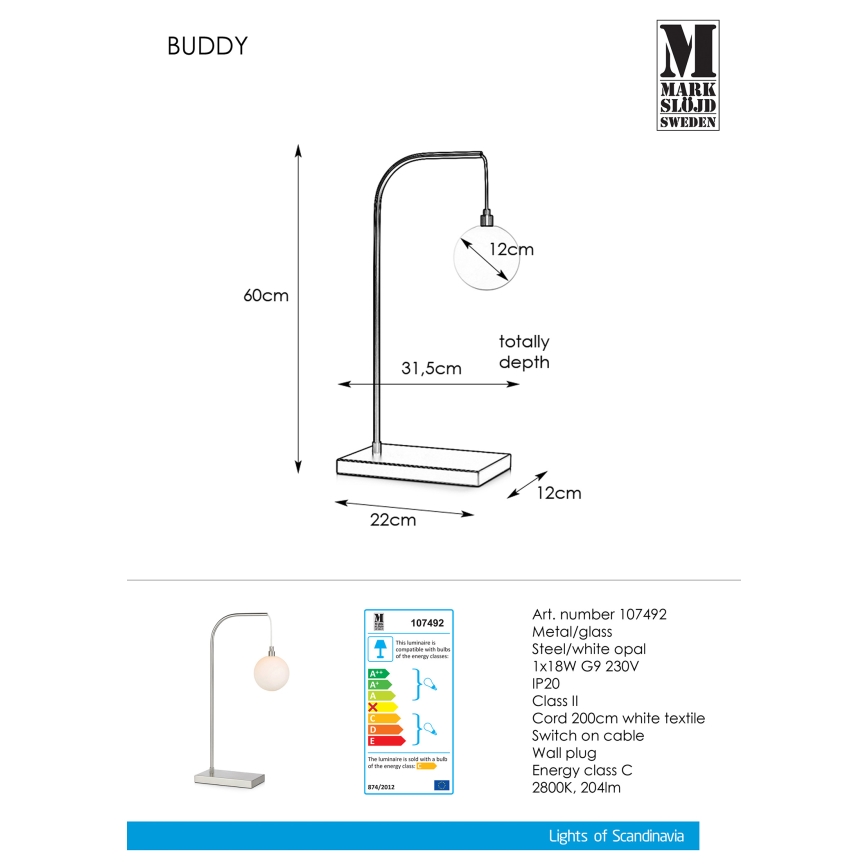 Markslöjd 107492 - Lampe de table BUDDY 1xG9/18W/230V