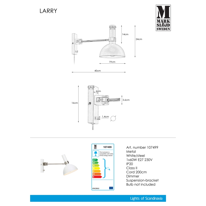 Markslöjd 107499 - Wandlamp dimbaar LARRY 1xE27/60W/230V