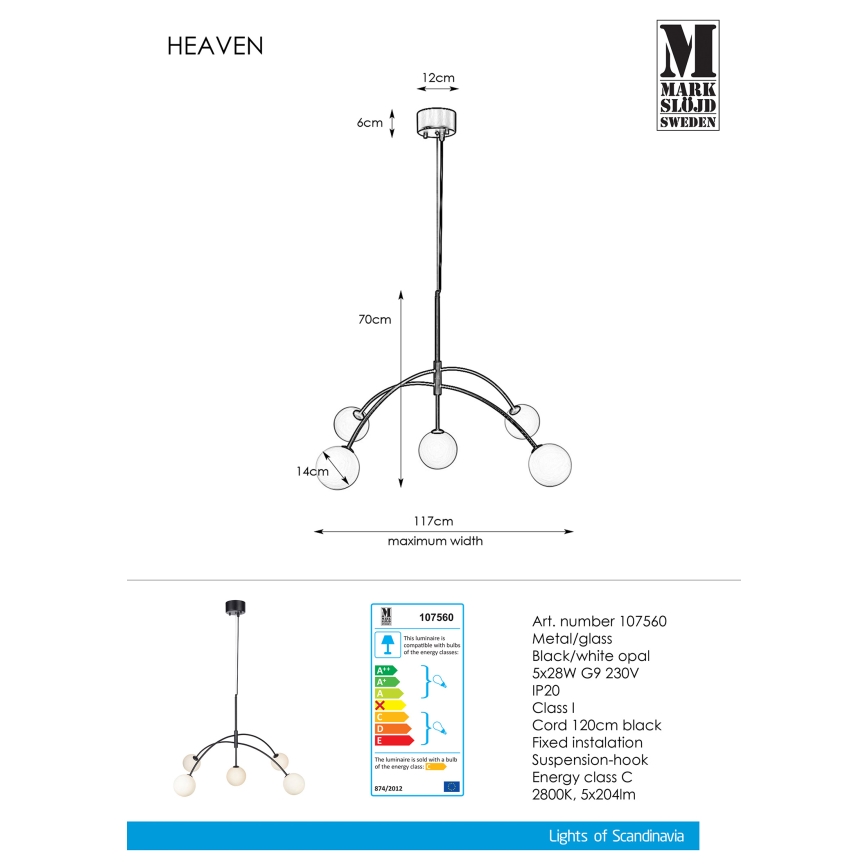 Markslöjd 107560 - Hanglamp aan koord HEAVEN 5xG9/28W/230V