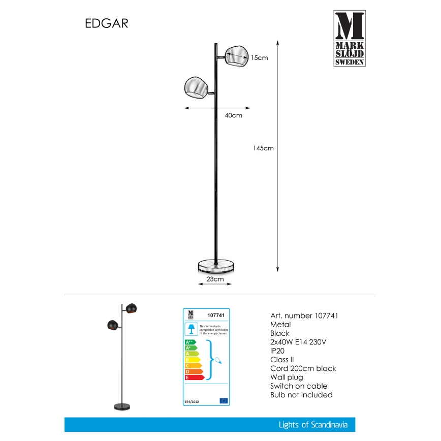 Markslöjd 107741 - Lampadaire EDGAR 2xE14/40W/230V