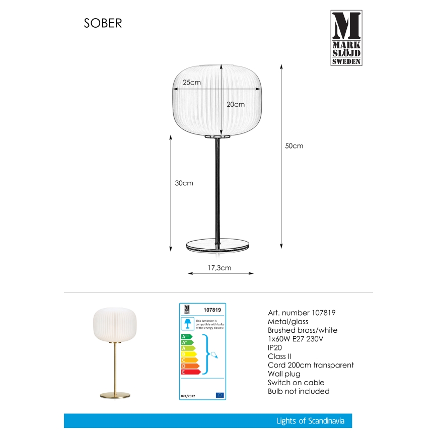 Markslöjd 107819 - Tafel Lamp SOBER 1xE27/60W/230V wit/messing