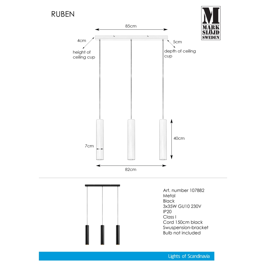 Markslöjd 107882 - Hanglamp aan koord RUBEN 3xGU10/35W/230V