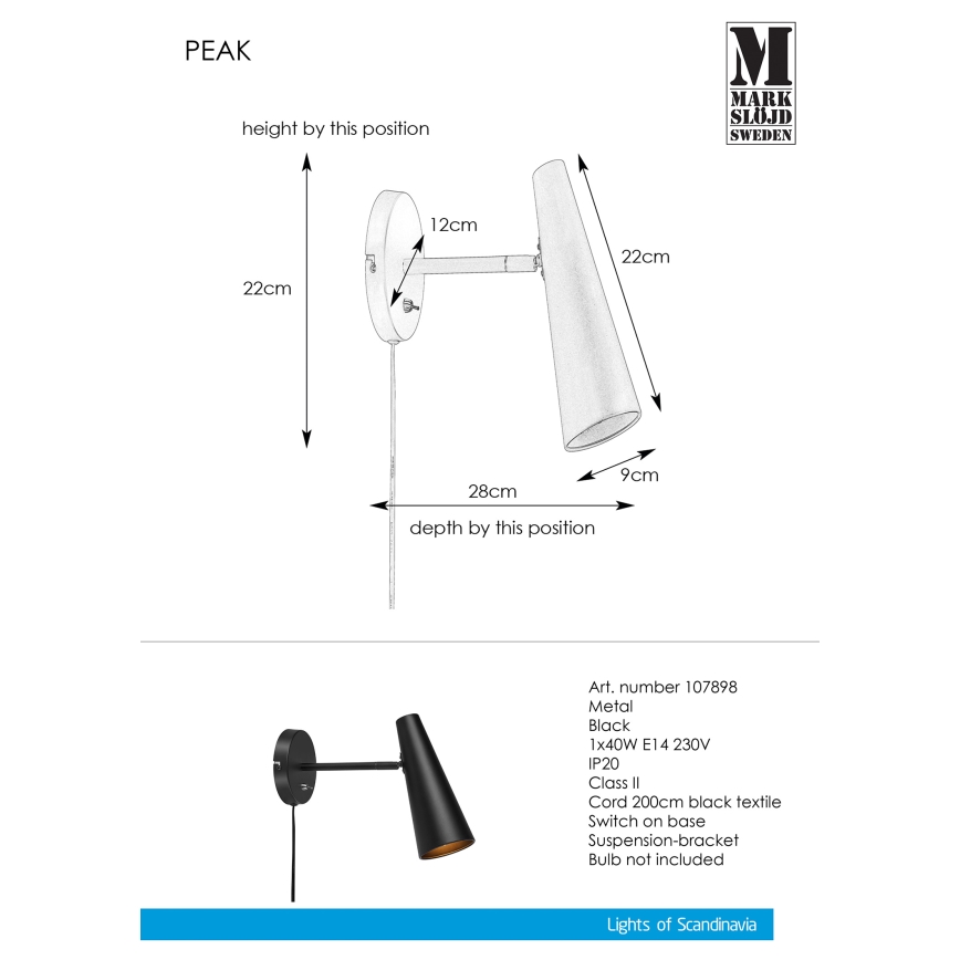 Markslöjd 107898 - Wandlampje PEAK 1xE14/40W/230V
