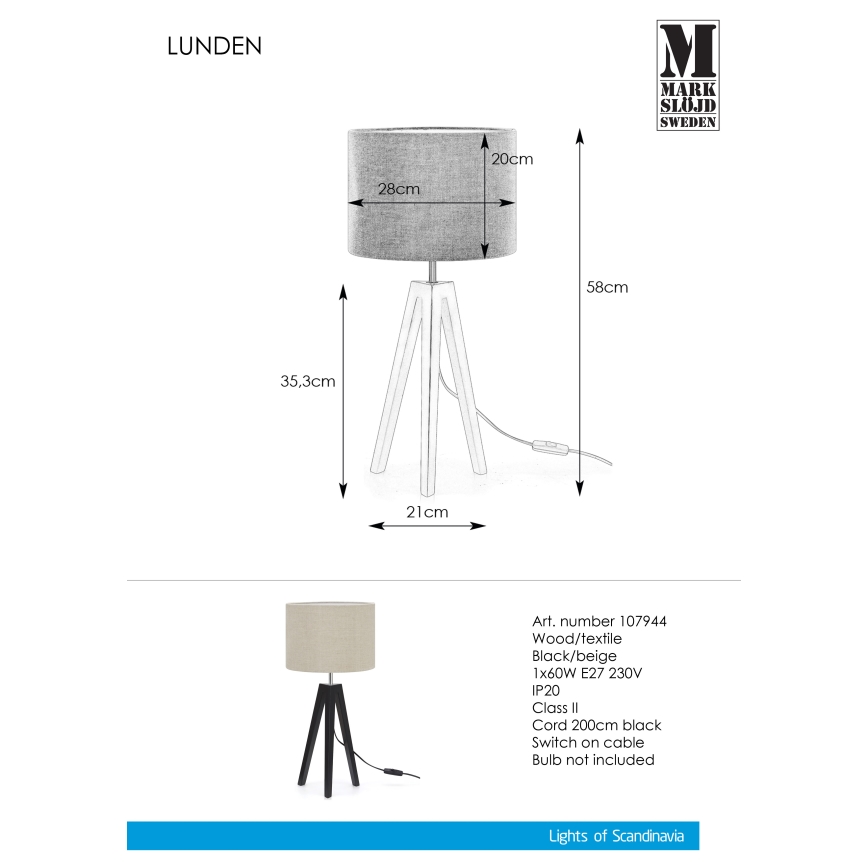 Markslöjd 107944 - Tafellamp LUNDEN 1xE27/60W/230V
