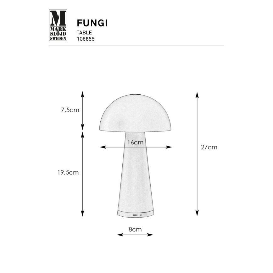 Markslöjd 108655 - LED Dimbaar rechargeable lamp FUNGI LED/1,5W/5V IP44 zwart
