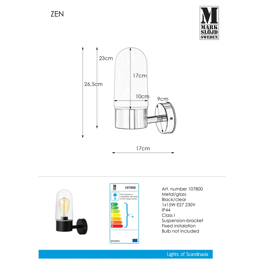 Markslöjd - Badkamer wandlamp ZEN 1x E27 / 15W / 230V IP44