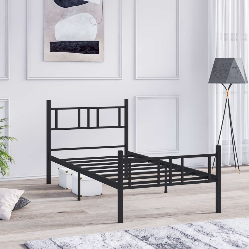 Metalen eenpersoonsbed PIRON 90x200 cm, zwart, draagvermogen 120 kg