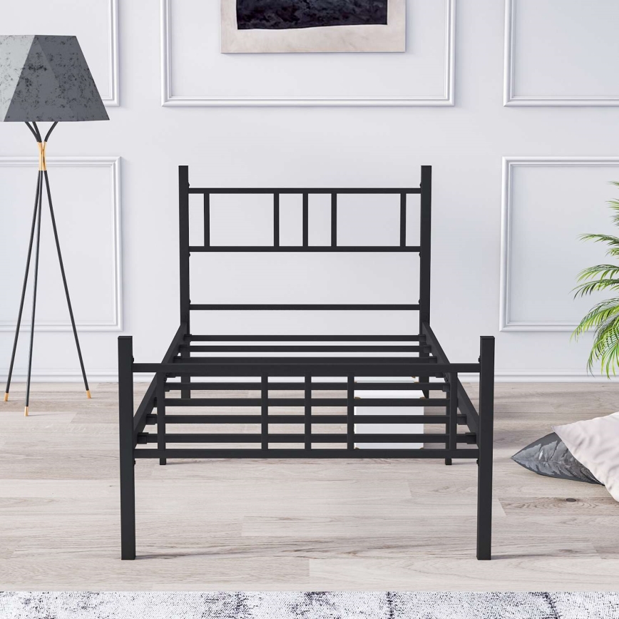 Metalen eenpersoonsbed PIRON 90x200 cm, zwart, draagvermogen 120 kg