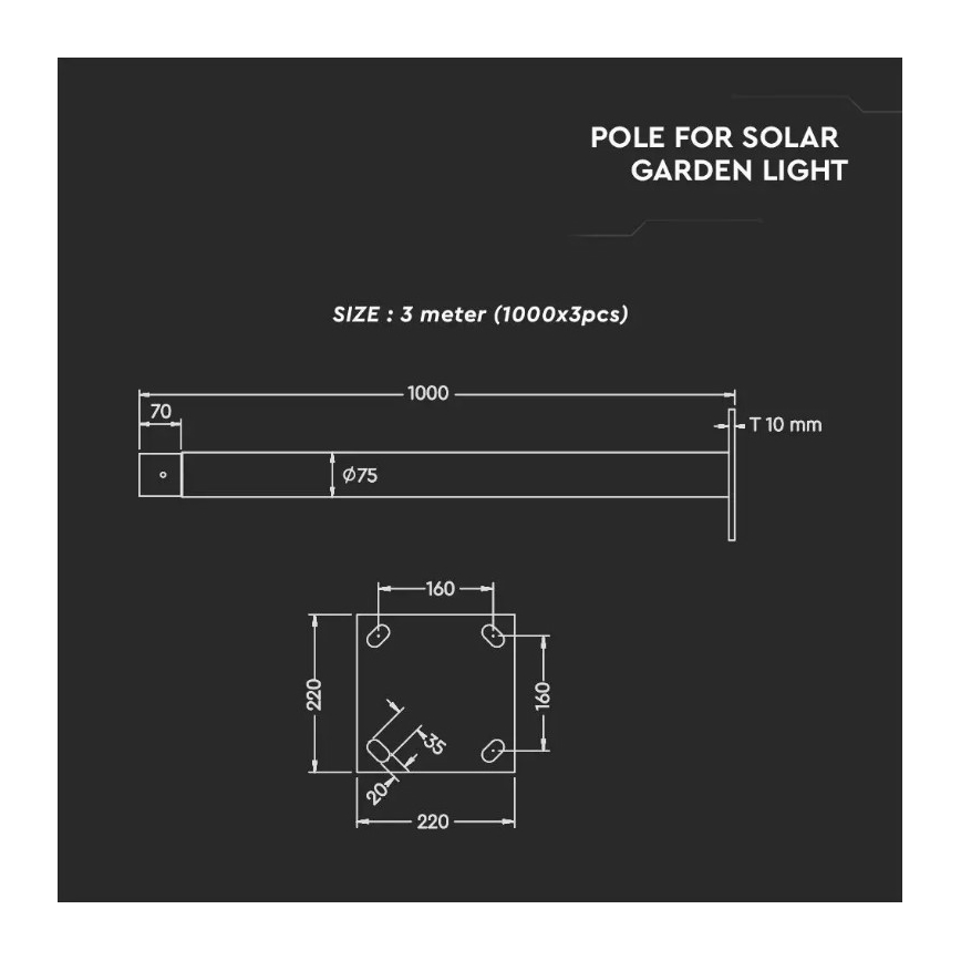 Metalen paal met standaard voor een solarlamp 3 delen