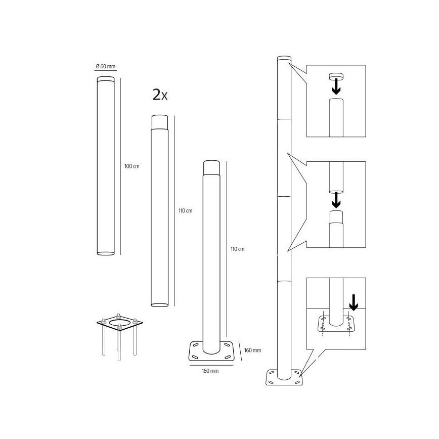 Metalen paal voor buitenverlichting BASE 4 m, Ø 60 mm, zwart