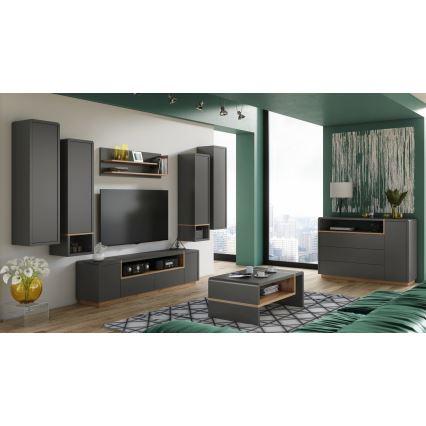 Meuble avec étagère ouverte FRED anthracite/chêne artisan