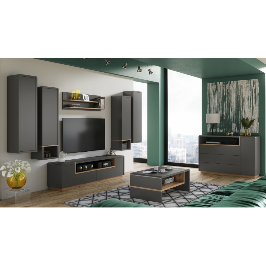 Meuble avec étagère ouverte FRED anthracite/chêne artisan