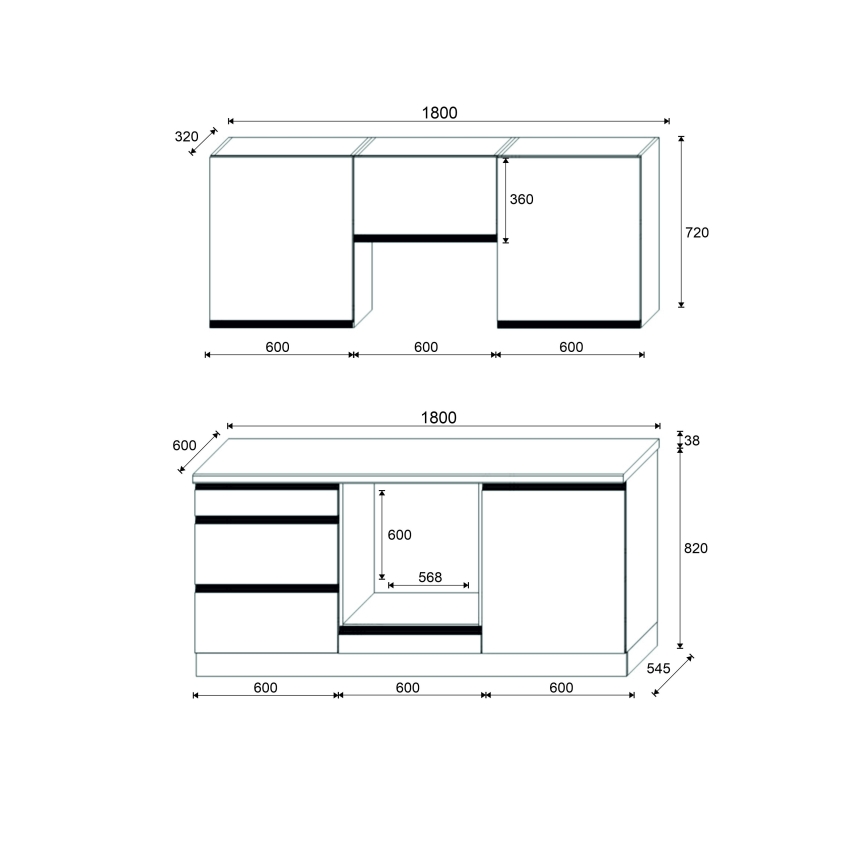 Meuble de cuisine MARINA 180 cm, chêne craft / noir laqué