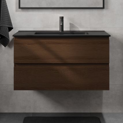 Meuble de salle de bain avec lavabo KENWOOD 91 cm, noyer/noir