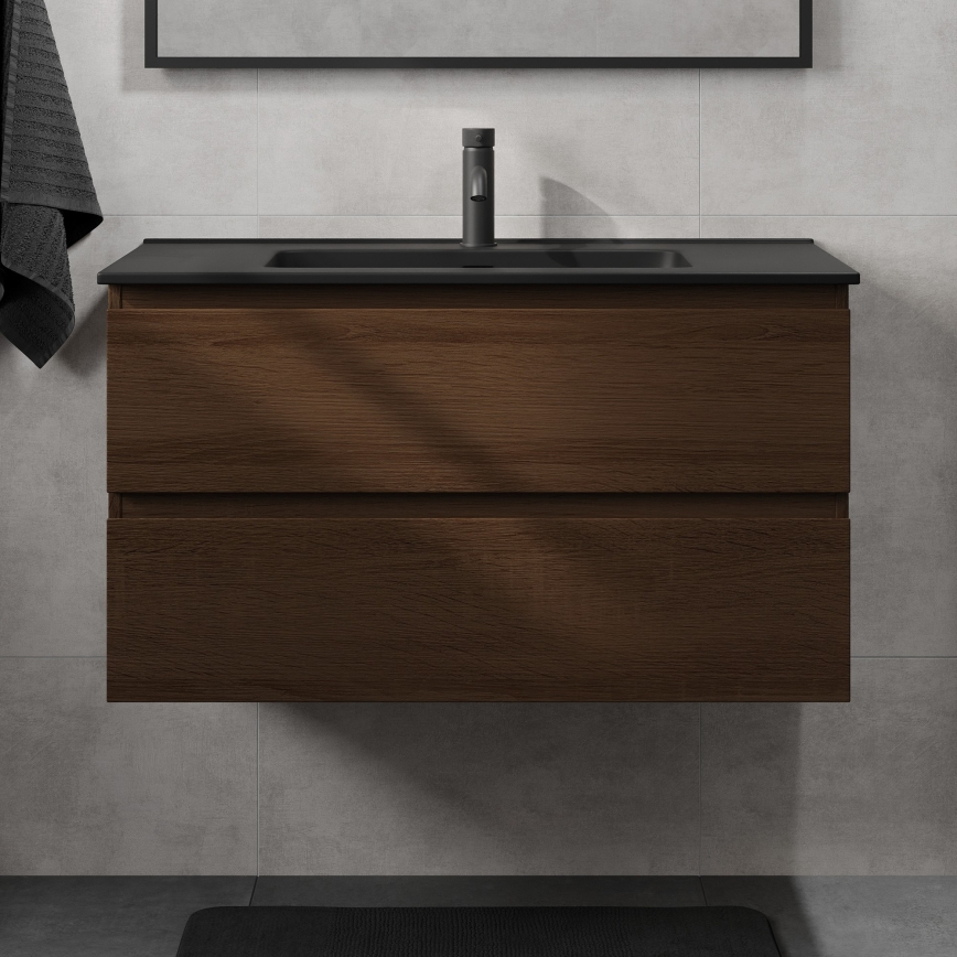 Meuble de salle de bain avec lavabo KENWOOD 91 cm, noyer/noir