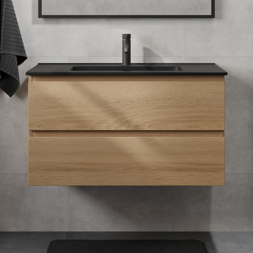 Meuble de salle de bains avec lavabo KENWOOD 91 cm chêne/noir