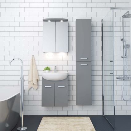 Meuble de salle de bains avec lavabo Vang + armoire-miroir LED 230 V IP44 gris