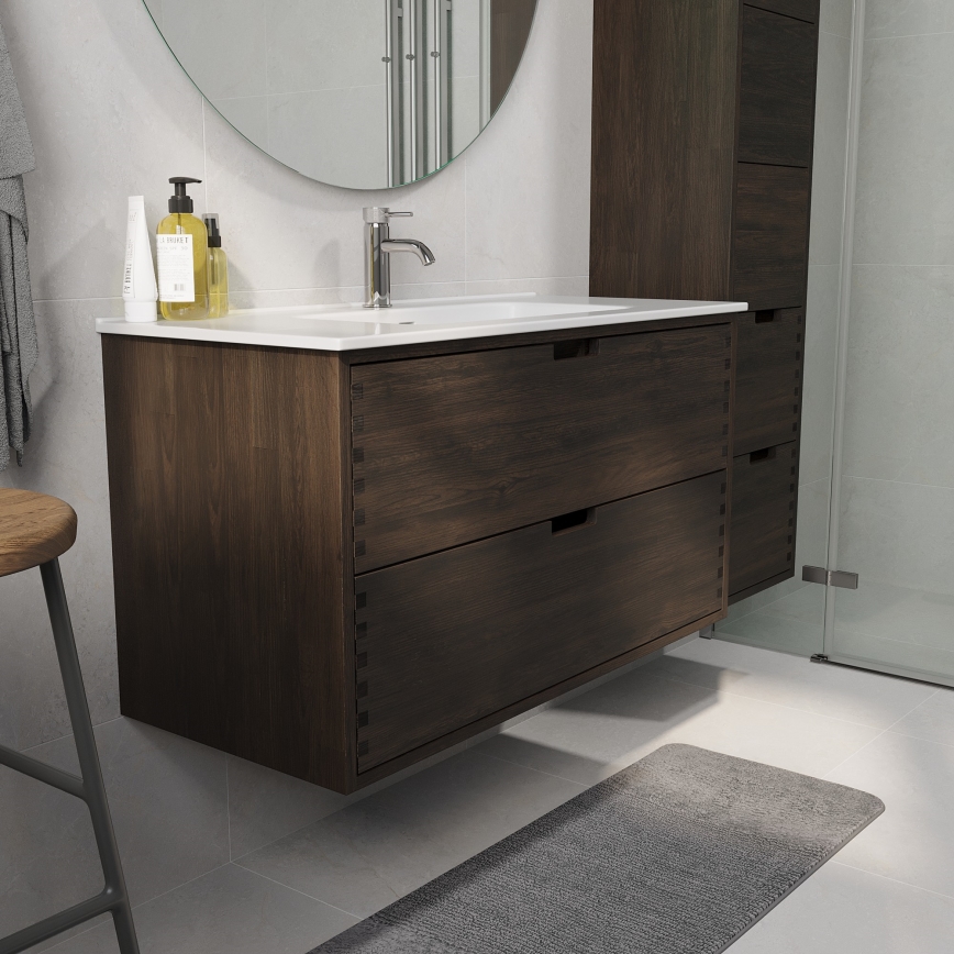 Meuble de salle de bains avec vasque GRIBSKOV 100 cm, finition brun/chêne/blanc