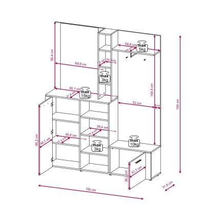Meuble d'entrée mural avec miroir KEVIN marron/blanc