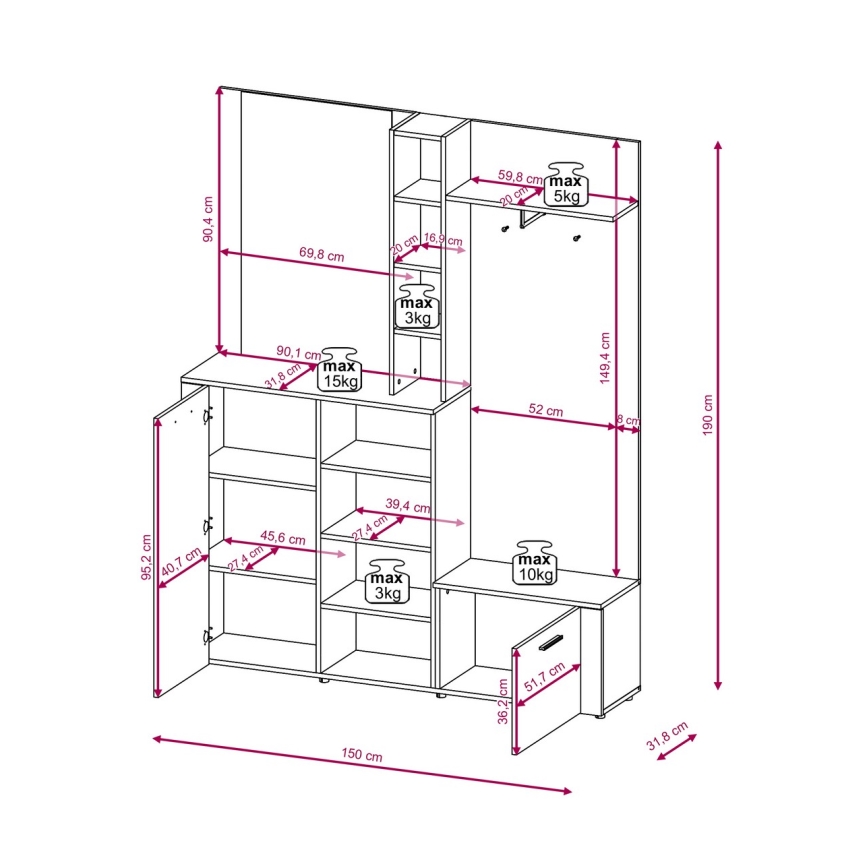 Meuble d'entrée mural avec miroir KEVIN marron/blanc