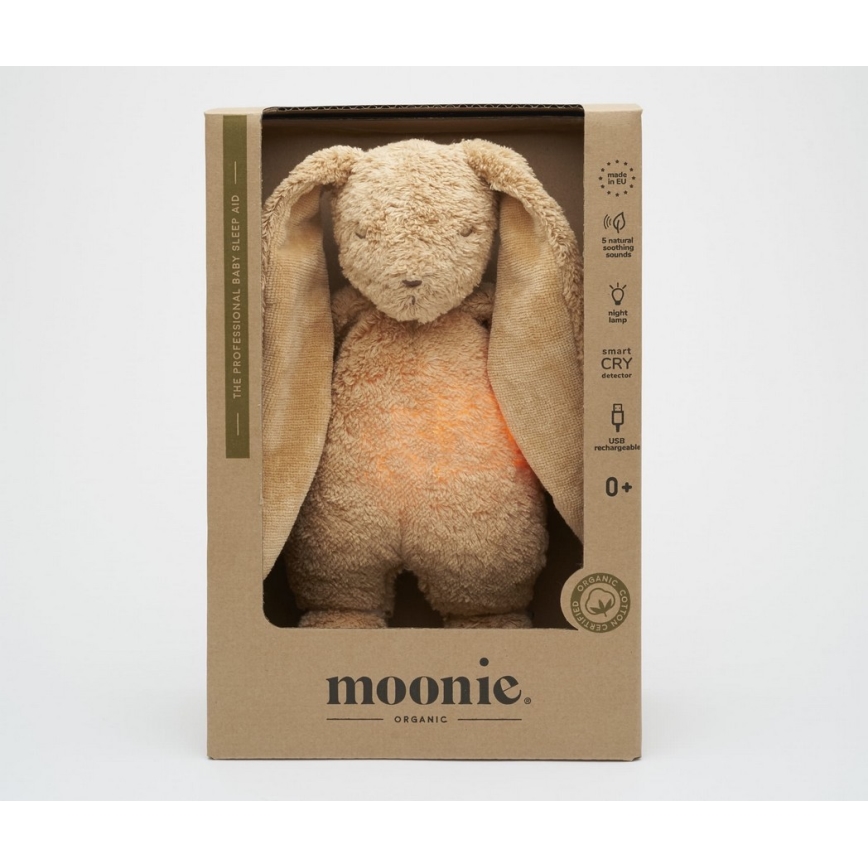 Moonie - Lekker knuffelen met een melodietje en lichtje konijntje 2.0 organic cappuccino