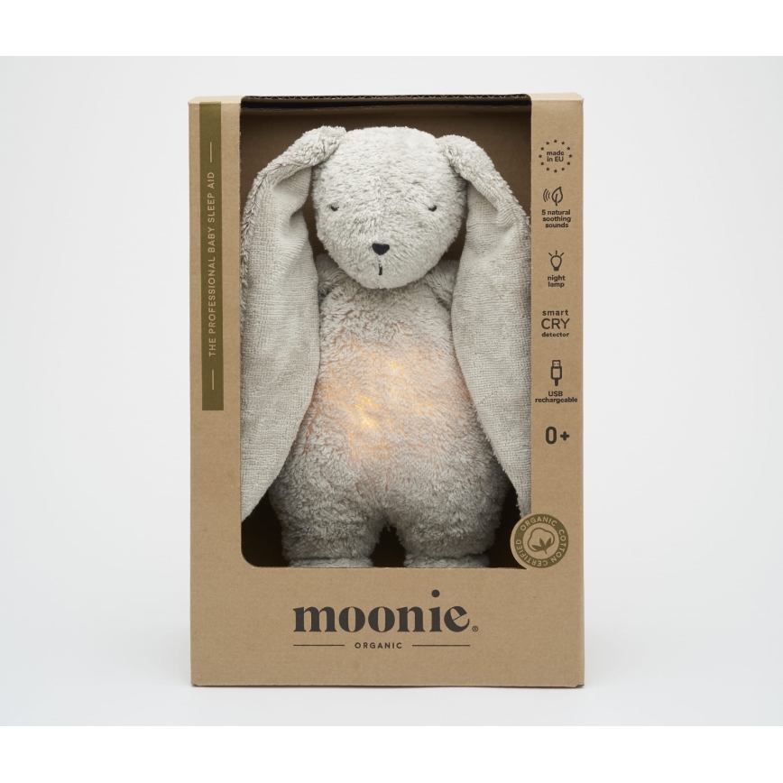 Moonie - Lekker knuffelen met een melodietje en lichtje konijntje 2.0 organic grijs