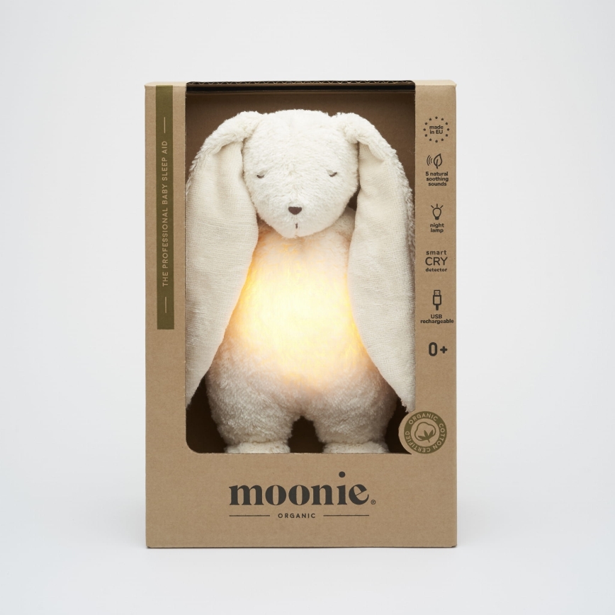 Moonie - Lekker knuffelen met een melodietje en lichtje konijntje organic polar natur