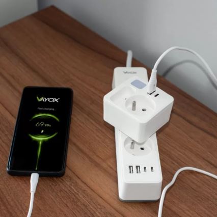 Bloc multiprise 2 prises + USB-C + USB-A avec éclairage LED 0,5W/230V 3000K