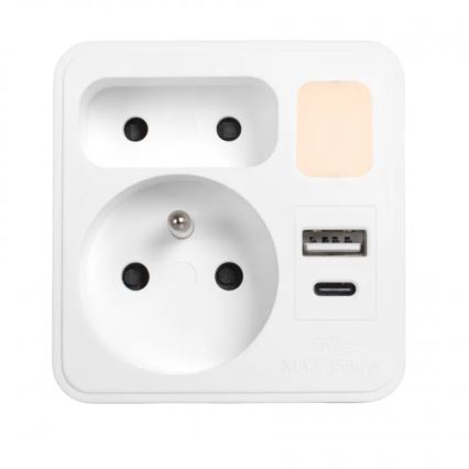 Bloc multiprise 2 prises + USB-C + USB-A avec éclairage LED 0,5W/230V 3000K