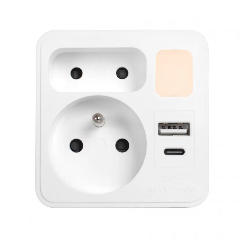 Bloc multiprise 2 prises + USB-C + USB-A avec éclairage LED 0,5W/230V 3000K