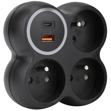 Multiprise 3 prises 15 A avec ports USB-A et USB-C, noire