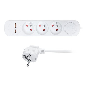 Multiprise 3 prises avec interrupteur et ports USB‑A et USB‑C, câble 2 m