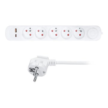 Multiprise 5 prises avec interrupteur et ports de charge USB-A et USB-C, câble 3 m