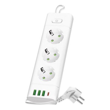 Multiprise LINEA PRO avec interrupteur — 3x 230 V (prises Schuko), 3x USB‑A, 1x USB‑C, câble 3 m, blanche