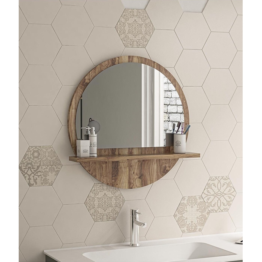 muur spiegel met een plank 45x45 cm bruin