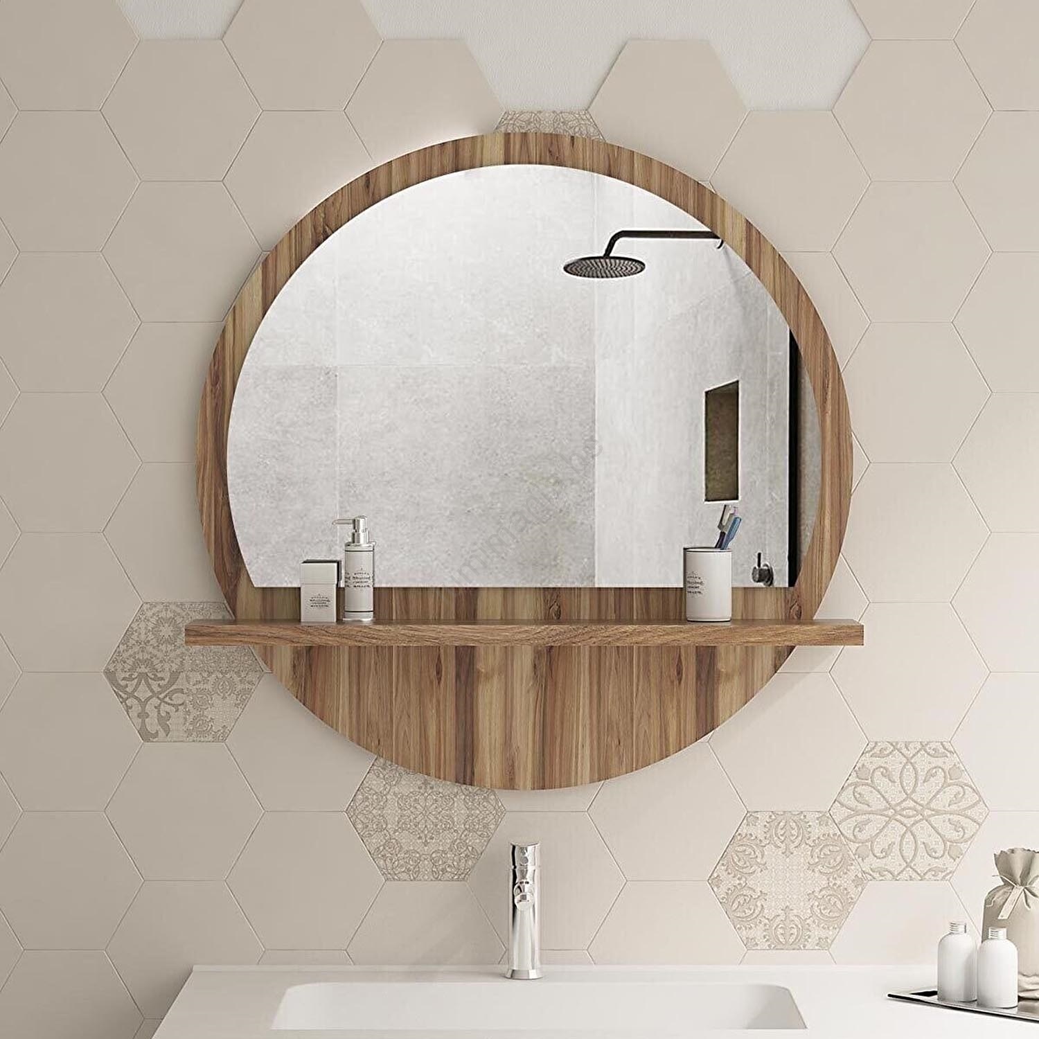 muur spiegel met een plank diameter 60 cm zwart