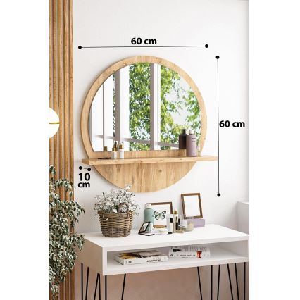 muur spiegel met een plank diameter 60 cm grenen atlantic