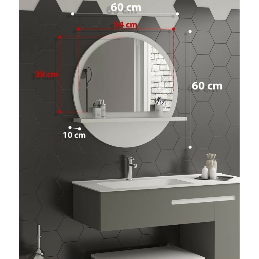 muur spiegel met een plank diameter 60 cm wit