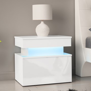 Nachtkastje GLOSSA met LED-verlichting 51x55 cm wit/hoogglans wit
