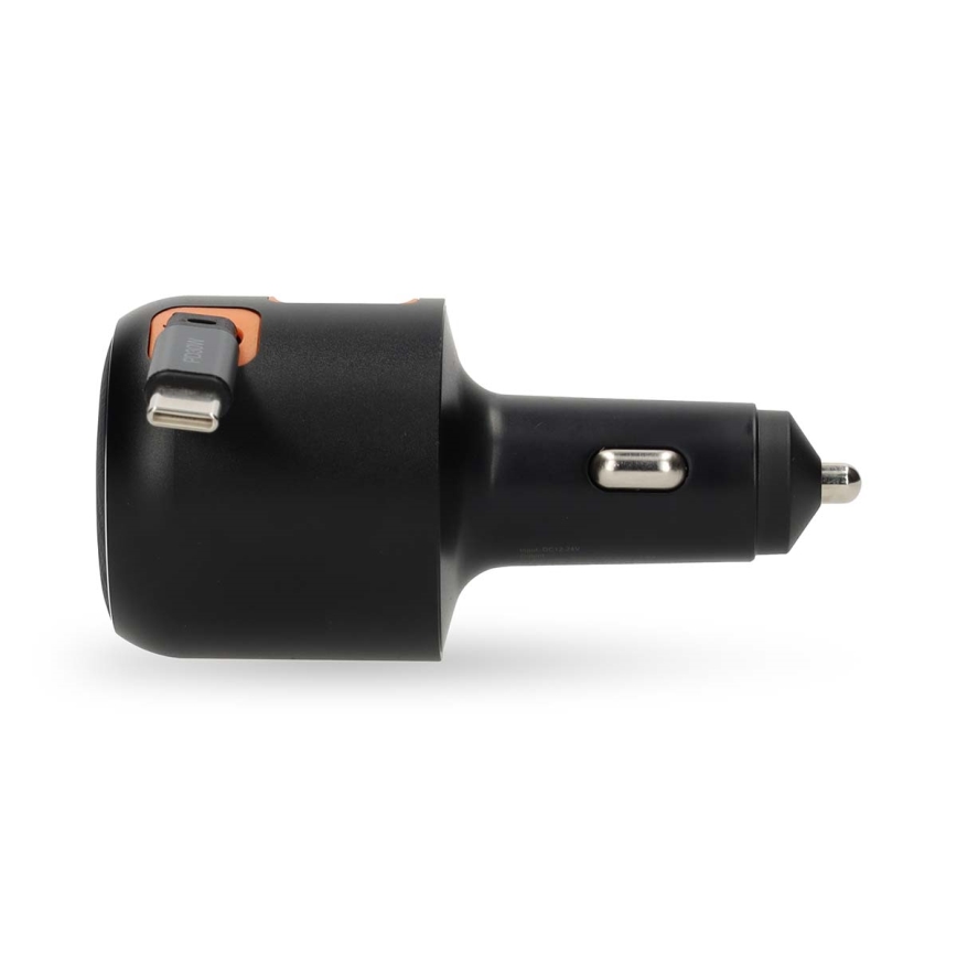 Autolader met intrekbare kabel, Power Delivery 30W, 2xUSB-C + 1xUSB-A