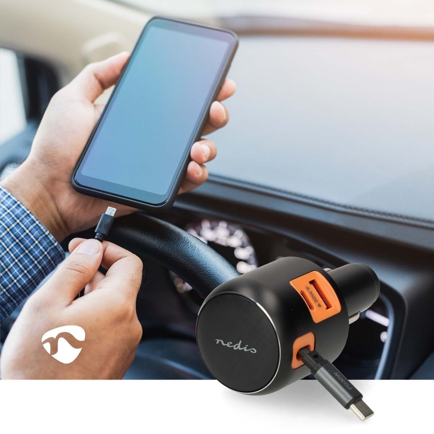 Chargeur de voiture compact à câble rétractable Power Delivery 30 W — 2xUSB-C + 1xUSB-A